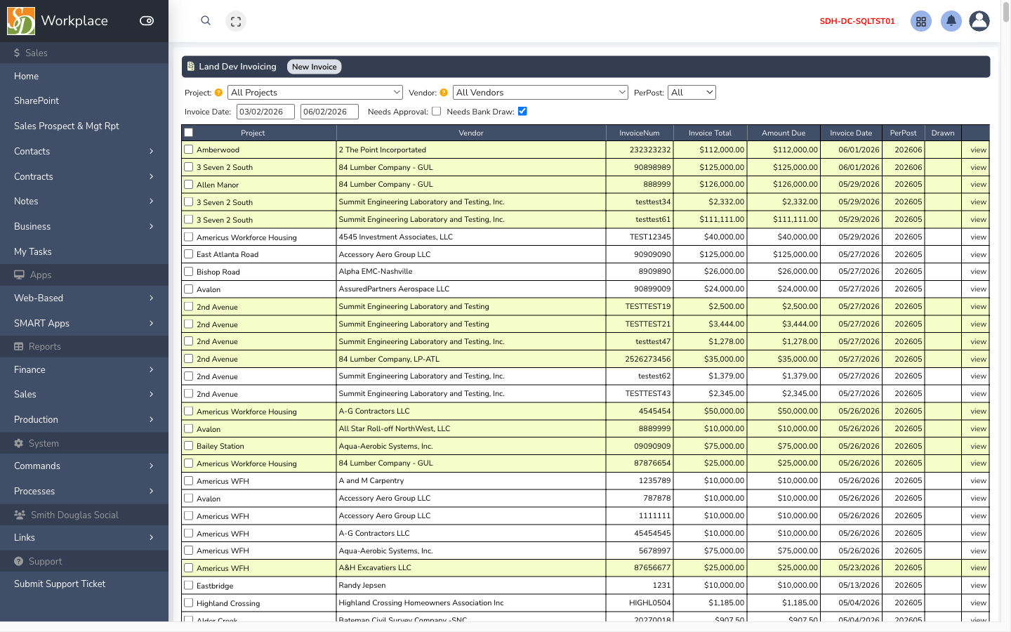 Land dev invoicing list
